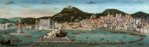 Tavola Strozzi. Vue de Naples, la flotte des Aragonais entre dans le port le 12 juillet 1465
