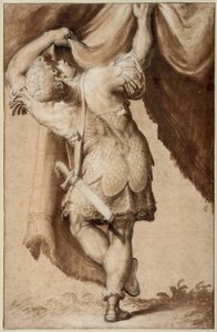 Jeune guerrier, vu de derrière, levant un rideau