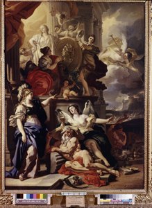 Allégorie du règne. Le médaillon au centre représente le visage de la reine Catherine II de Russie (1729-1796). Peinture de Francesco Solimena (1657-1747).