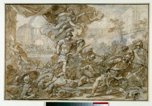 Mythologie : Persée utilisant la tête de Méduse pour changer Phinée et ses soldats en pierre. Dessin de Francesco Solimena dit l