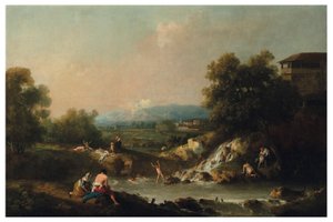 Un paysage fluvial avec des baigneurs - Francesco Zuccarelli