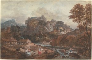 Paysage de montagne avec lavandières et pêcheur