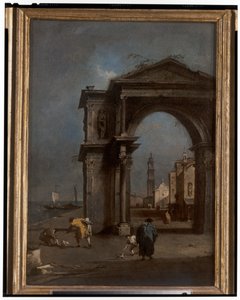 Caprice avec une arche triomphale et un arrière-plan urbain