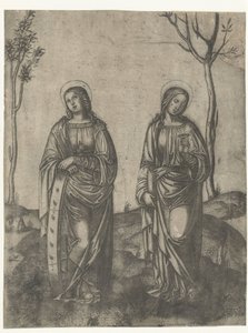 Sainte Catherine avec roue brisée et Lucie avec yeux sur un plateau