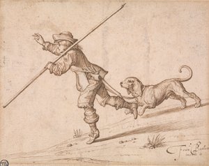 Homme chassant avec un bâton pointu et un chien