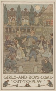 Les filles et les garçons sortent pour jouer (lithographie couleur)