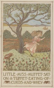 La petite Miss Muffet assise sur un tuffet mange du lait caillé et du petit-lait (lithographie couleur) - Francis Donkin Bedford