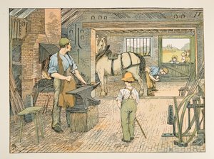 Le forgeron, tiré de Four and Twenty Toilers, pub. 1900 (lithographie couleur) - Francis Donkin Bedford
