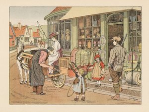 Famille victorienne chez Henry Hoop, le ferronnier du village. Chromolithographie d