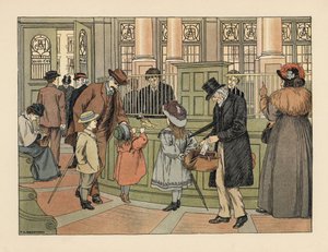Famille victorienne dans une banque retirant de l