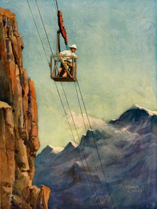 Ingénieurs au travail sur un téléphérique de montagne, vers 1930