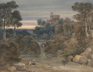 Paysage avec château, cascade et ruisseau au premier plan - Francis Oliver Finch