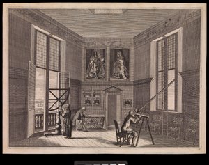 Trois figures utilisant des équipements astronomiques dans la Grande Salle des Étoiles ou la Salle Octogonale, comme on l