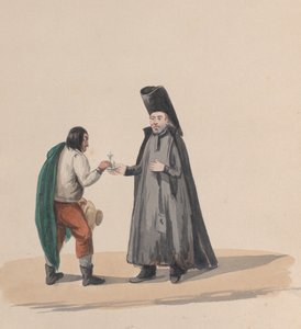 Un chanoine remettant un crucifix à un homme, d