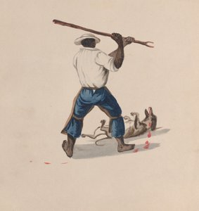 Un homme vu de dos battant un chien avec un bâton, d