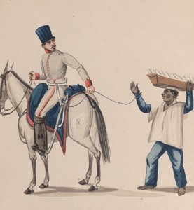 Un soldat à cheval tenant une corde qui sécurise un esclave indigène équilibrant une assiette