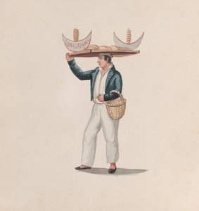 Un vendeur de tortillas équilibrant un plateau sur sa tête, d