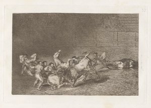 Dos grupos de picadores arrolados de seguida por un solo toro, Planche 32 de La tauromaquia - Francisco de Goya