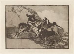 La manière dont les anciens Espagnols chassaient les taureaux à cheval dans la campagne, Planche 1 de La tauromachie - Francisco de Goya