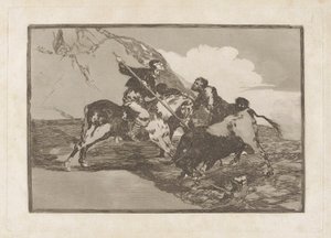 Modo con que los antiguos españoles cazaban los toros a caballo en el campo (La manière dont les anciens Espagnols chassaient les taureaux à cheval dans la campagne), Planche 1 de La tauromaquia - Francisco de Goya