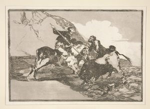 Modo con que los antiguos españoles cazaban los toros a caballo en el campo (La manière dont les anciens Espagnols chassaient les taureaux à cheval en plein champ), pl. 1 de la série La tauromaquia - Francisco de Goya