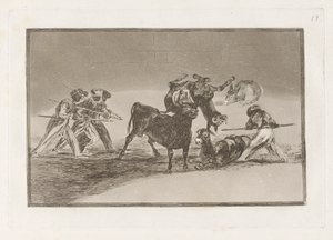 Les Maures utilisent des ânes comme barrière pour se défendre contre le taureau aux cornes emboulées, Planche 17 de La tauromachie - Francisco de Goya
