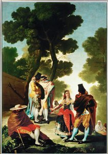 La maja y los Embozados - la maja et les hommes masqués, carton pour la tapisserie 40-06-09/42 ... (peinture sur toile)