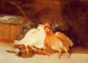 Nature morte avec des poulets morts et un panier en osier