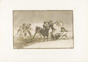 Les Maures utilisent des ânes comme barrière pour se défendre contre le taureau dont les cornes ont été garnies de boules, planche 17 de L