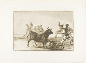 La populace coupe les jarrets du taureau avec des lances, des faucilles, des banderilles et d