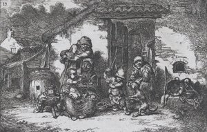 Planche 19 : une famille et un garçon jouant avec un chien devant une maison, de la série des coutumes, 1850 - Francisco Lameyer Berenguer