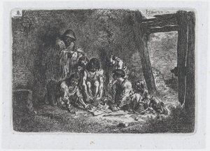 Planche 8 : un groupe de personnages dont certains jouent à un jeu, de la série des coutumes - Francisco Lameyer Berenguer