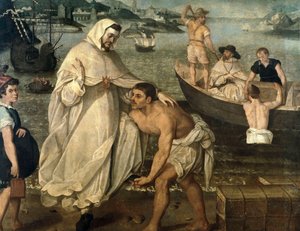 Saint Pierre Nolasque (1189-1256) embarque pour libérer les captifs chrétiens retenus en otage par des pirates maures pour être vendus comme esclaves en Afrique (peinture)