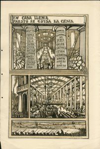Illustration de Francisco Sancha Lengo - Feuille volante, vers 1915 - En casa llena presto se guisa la cena - Guerre de 14-18, Canons, obus, Usines industrielles, Langue espagnole, Mobilisation, Presse étrangère
