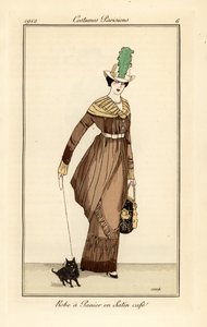 Femme en robe panier en satin couleur café avec chien de compagnie, gravure du Journal des Dames et des Modes de Tommaso Antongini, Aux Bureaux du Journal des Dames, Paris - Francesc Xavier Gosé