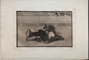 Corridas : Un picador est désarçonné et tombe sous le taureau - Francisco de Goya