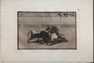 Corridas : Un picador est désarçonné et tombe sous le taureau, 1876