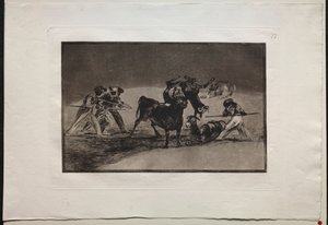 Corridas : Les Maures utilisent des ânes comme barrière pour se défendre contre le taureau dont les cornes ont été garnies de boules - Francisco de Goya