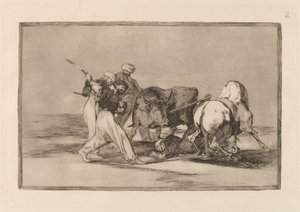 Les Maures établis en Espagne, abandonnant les superstitions de leur Coran, adoptèrent cet art de la chasse et lancèrent un taureau dans le champ - Francisco de Goya