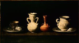 Nature morte cruches, pots. Peinture par Francisco de Zurbaran (1598-1664) 1633
