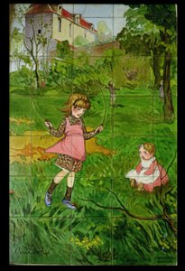 Carreaux décorés avec des enfants jouant dans un jardin - Francisque Poulbot