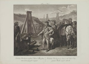 Boleslaw Ier de Pologne plante des poteaux frontaliers dans les rivières Elbe et Saale par Smuglewicz, Franciszek (1745-1807). Lithographie, fin du XVIIIe siècle. Collection privée