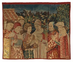 Fragment de tapisserie non identifié avec huit figures, Une Dispute peut-être, 2e moitié du 15e siècle