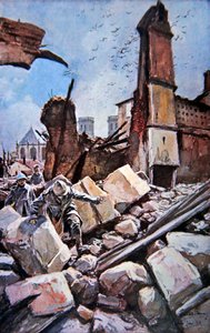 Bataille de Verdun : Troupes Françaises se Déplaçant parmi les Remparts en Ruines