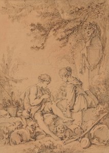 Un jeune berger jouant de la flûte pour deux jeunes bergères - François Boucher