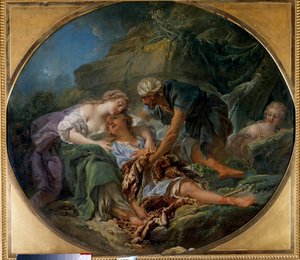 Amintas (ou Amyntas) revient à la vie dans les bras de Sylvie Le petit-fils du dieu Pan revient à lui dans les bras de Sylvie dont il est amoureux. Peinture de François Boucher (1703-1770). 1756. Dim. 1,20 x 1,36 m Tours, Musée des Beaux-Arts