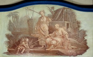 Chinoiserie : Scène de pêche en Chine. Dessus de porte dessiné par François Boucher (1703-1770)