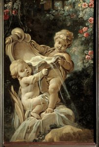 Panneau de porte du salon Demarteau : fontaine avec deux amours