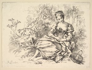 Jeune fille dans un paysage avec un panier de fleurs - François Boucher