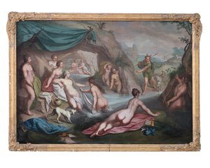 Huile sur toile. Peinture mythologique : Artémis et son cortège sont surpris par Actéon alors qu